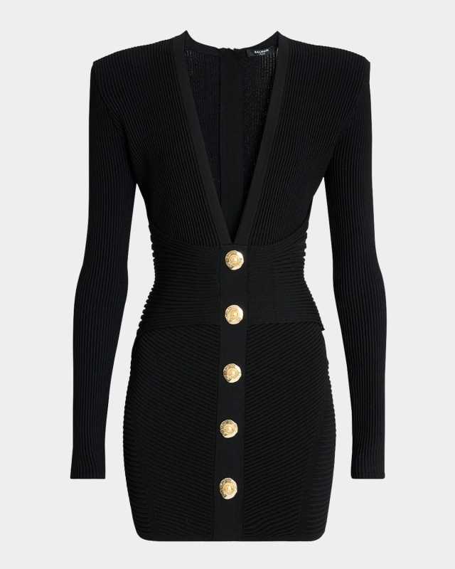 Buttoned Plunging Rib Knit Mini Dress